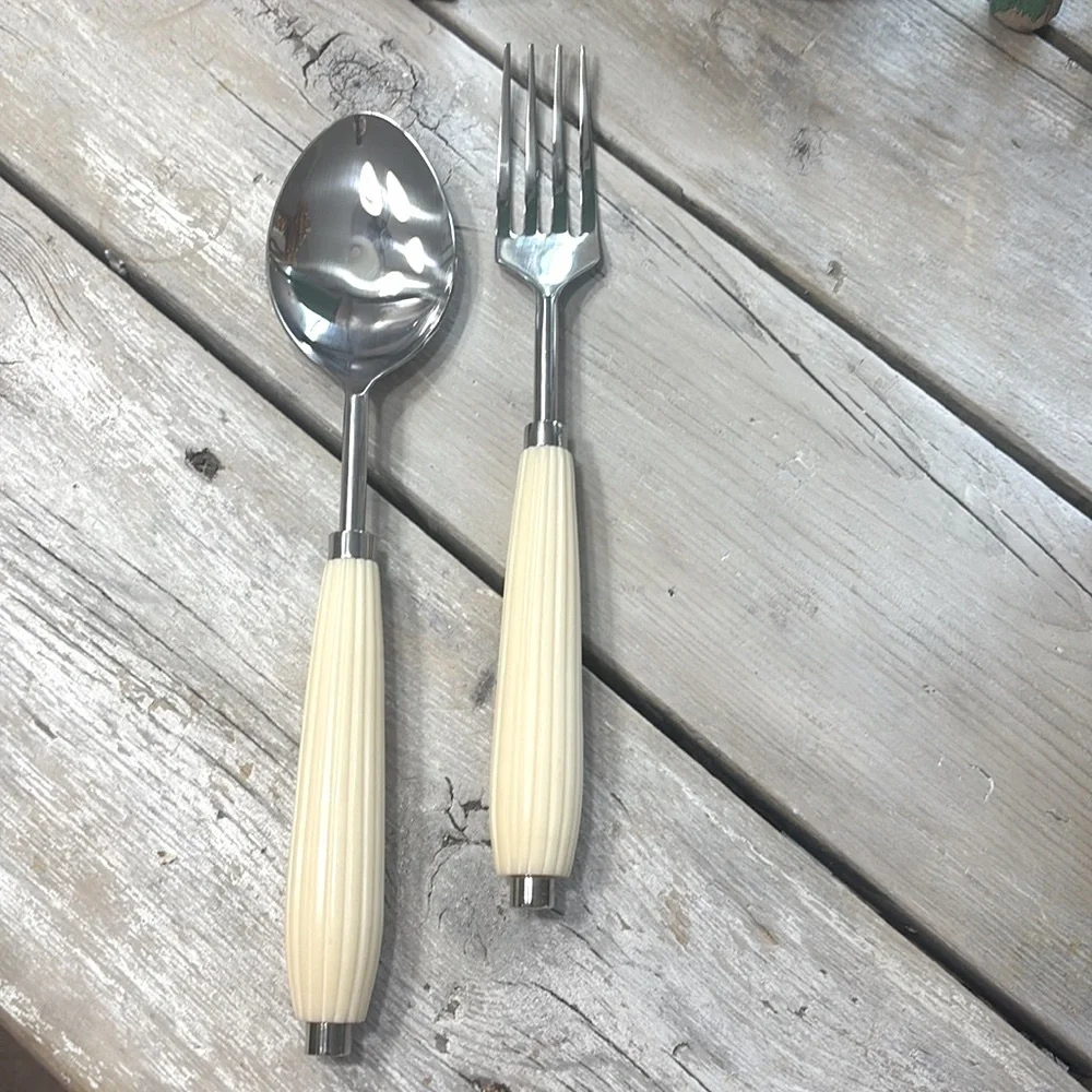NWOT Stainless Steel Serving Set. Spoon | Fork. 11.5”L Trendy | Ribbed Design